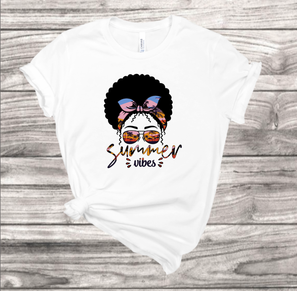 Summer Vibe Afro Messy Bun T-Shirt | Mema's Custom Studio - Mema's Custom Studio
